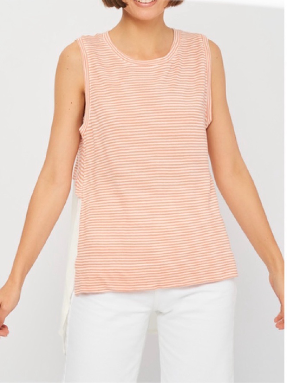 Zara Coral Striped Sleeveless Tunic Top With A White Mesh Overlay Backing Large